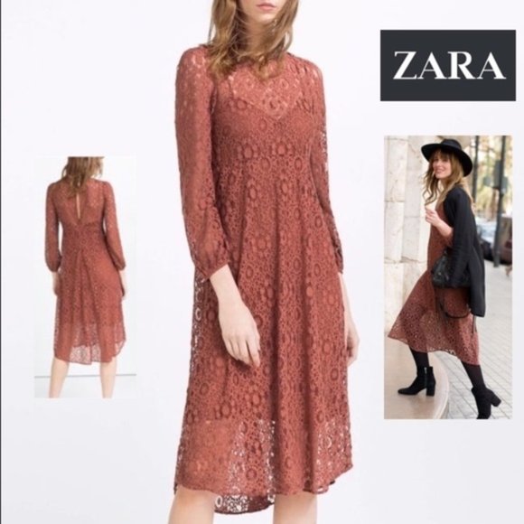 NWT $70 ZARA Women XS Terracotta Lace Overlay Cami Midi Dress Bohemian Elegant - Picture 10 of 13